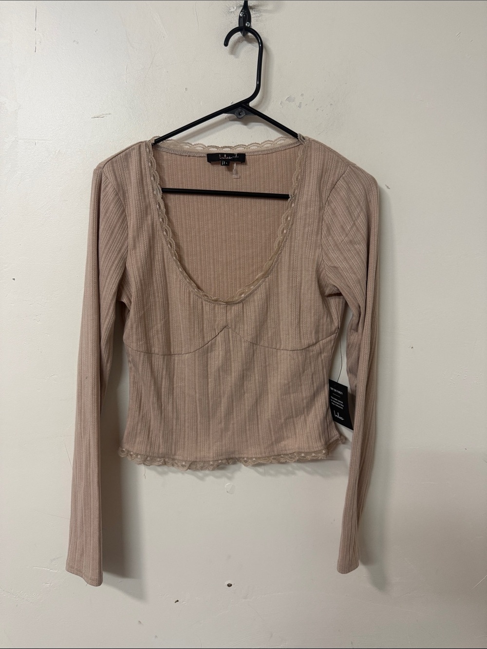 Lulu's Beige Lace-Trim Ribbed Long Sleeve Top